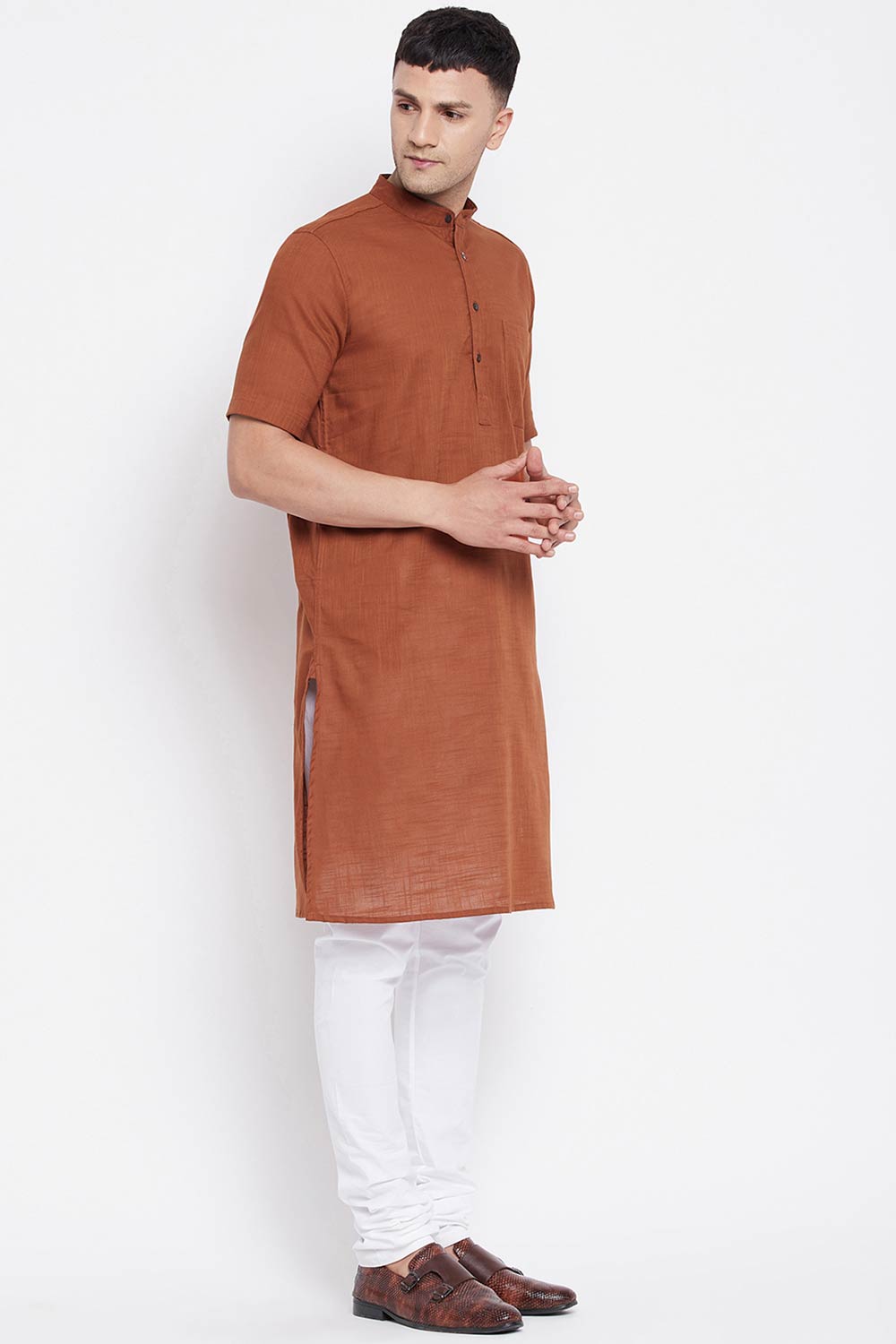 Buy Men's Pure Cotton Solid Long Kurta in Dark Brown - Side