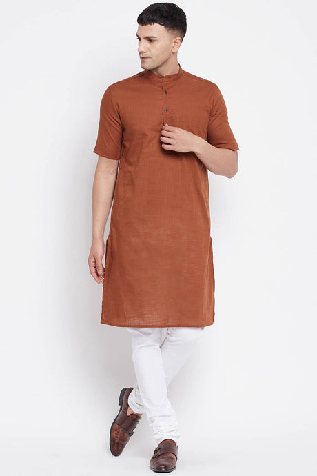 Buy Men's Pure Cotton Solid Long Kurta in Dark Brown