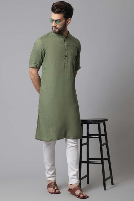 Buy Men's Green Linen Solid Long Kurta Online - KARMAPLACE