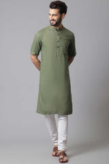 Buy Men's Green Linen Solid Long Kurta Online - KARMAPLACE