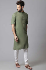 Buy Men's Green Linen Solid Long Kurta Online - KARMAPLACE