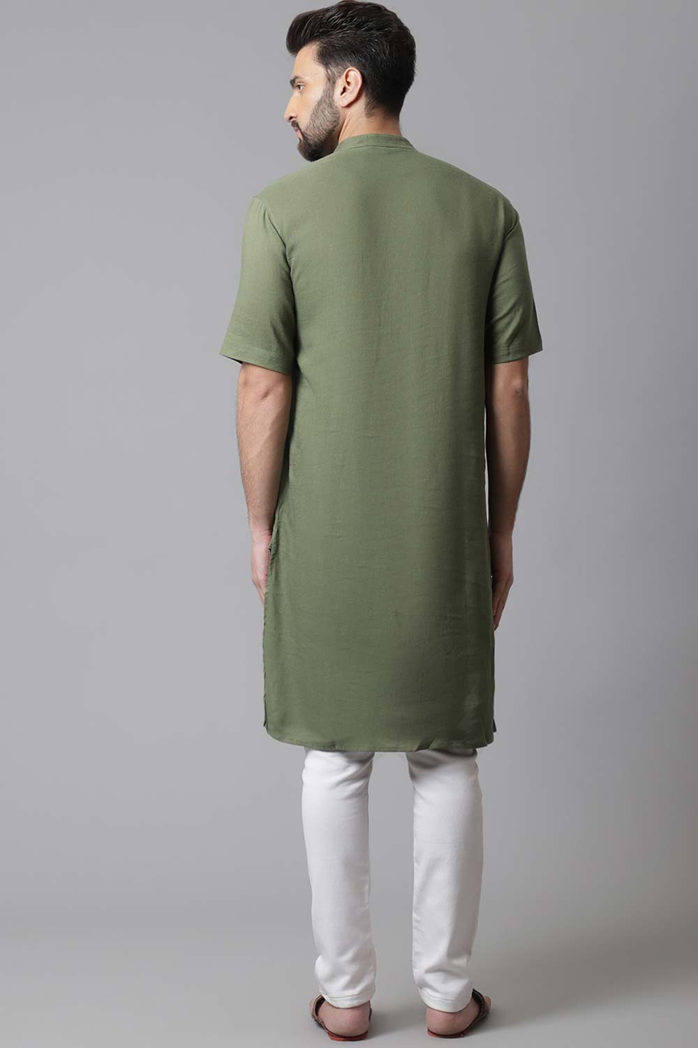 Buy Men's Green Linen Solid Long Kurta Online - KARMAPLACE