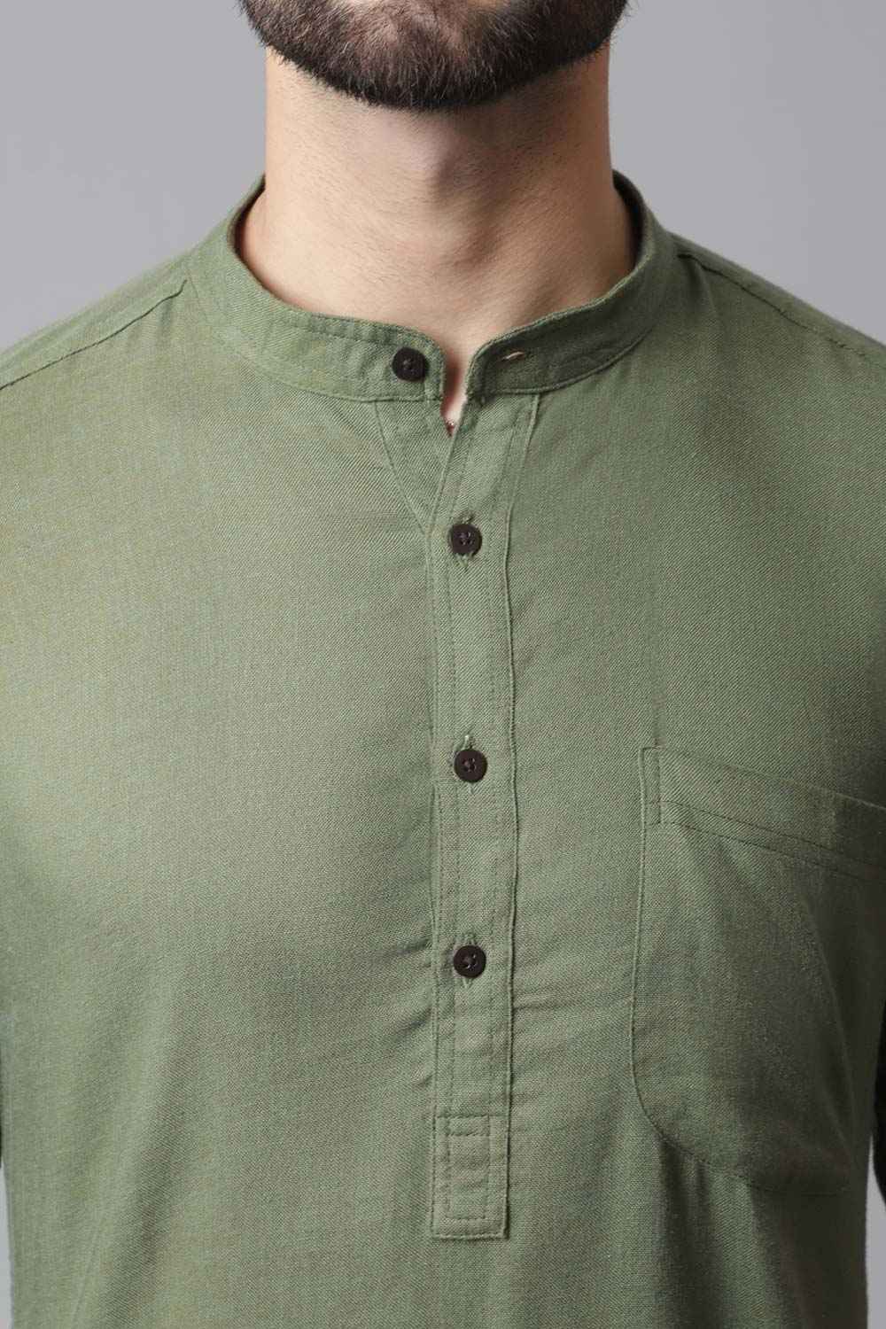 Buy Men's Green Linen Solid Long Kurta Online - KARMAPLACE