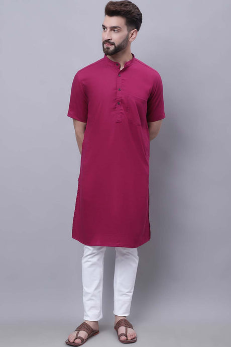 Buy Men's Maroon Cotton Solid Long Kurta Top Online