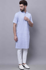 Buy Men's Blue Cotton Solid Long Kurta Top Online - Back