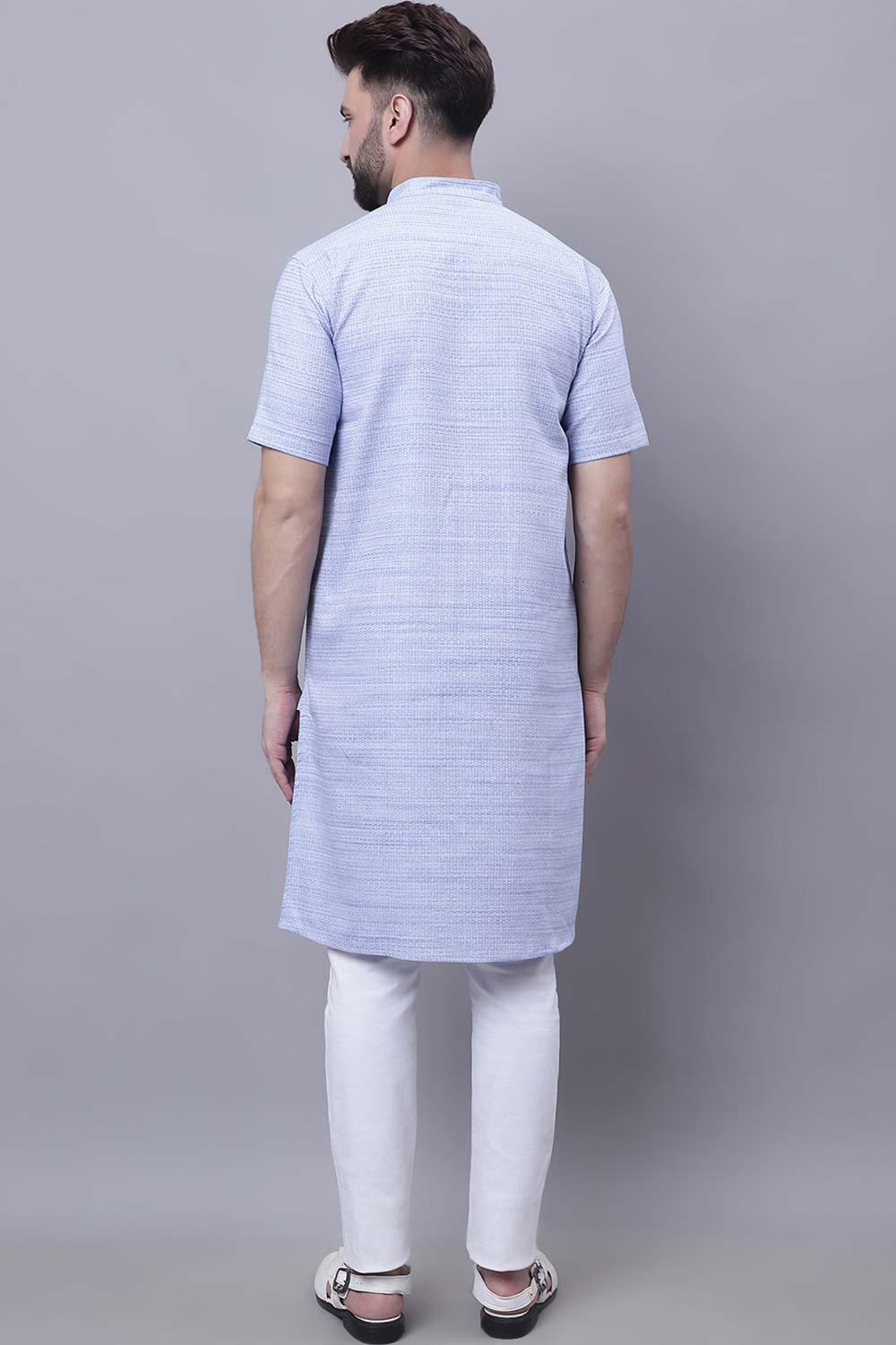 Buy Men's Blue Cotton Solid Long Kurta Top Online - Front