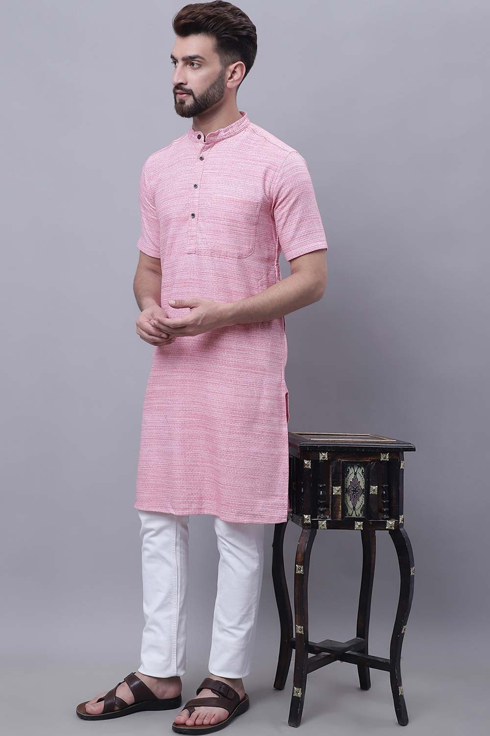 Buy Men's Red Cotton Solid Long Kurta Top Online - Zoom In