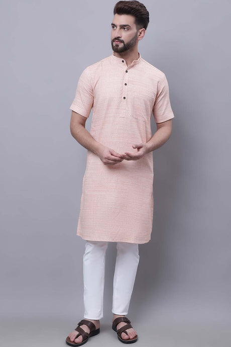 Buy Men's Peach Cotton Solid Long Kurta Top Online