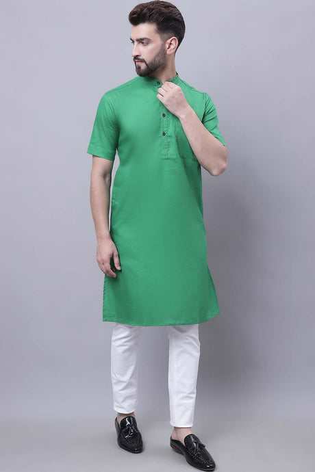 Buy Men's Green Cotton Solid Long Kurta Top Online - Back