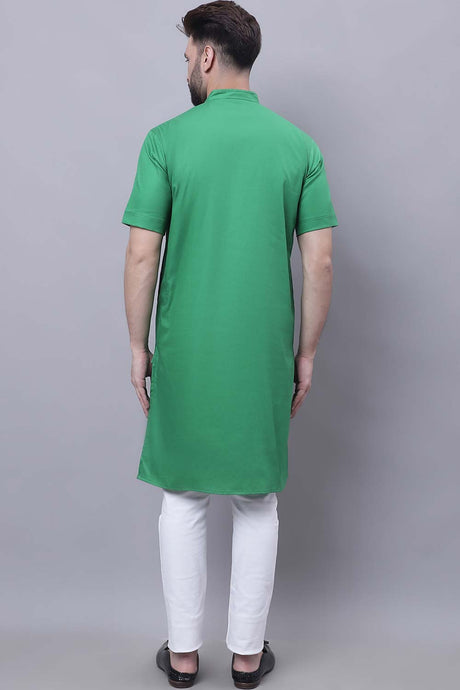 Buy Men's Green Cotton Solid Long Kurta Top Online - Front