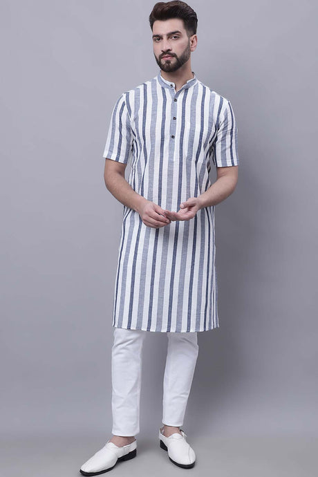 Buy Men's Grey Cotton Striped Long Kurta Top Online