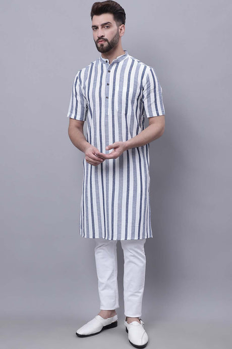 Buy Men's Grey Cotton Striped Long Kurta Top Online - Back