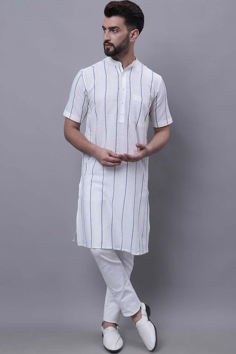 Buy Men's Cream Cotton Striped Long Kurta Top Online