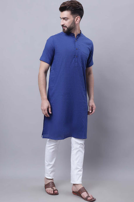 Buy Men's Blue Cotton Self Design Long Kurta Top Online - Back