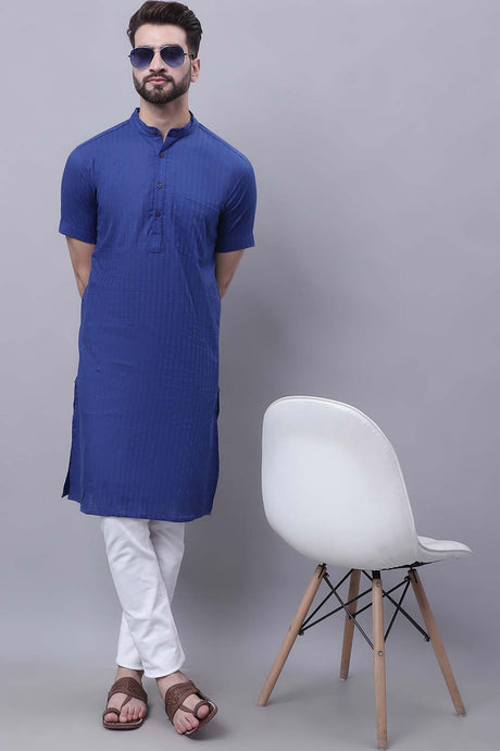 Buy Men's Blue Cotton Self Design Long Kurta Top Online