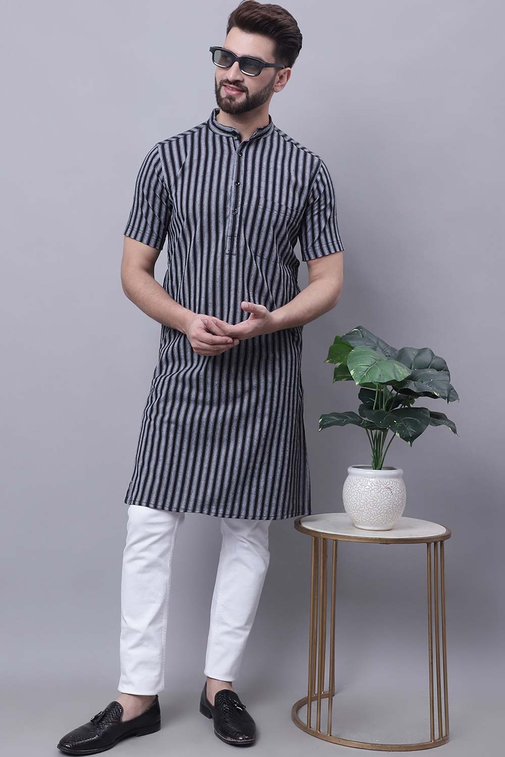 Buy Men's Multi Cotton Striped Long Kurta Top Online - Zoom In