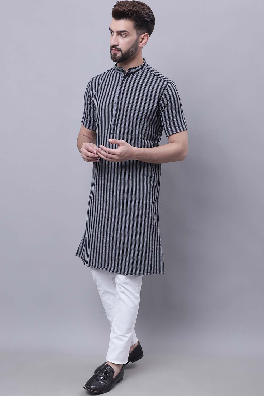 Buy Men's Multi Cotton Striped Long Kurta Top Online - Zoom Out