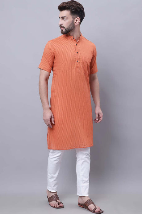 Buy Men's Rust Cotton Striped Long Kurta Top Online - Back