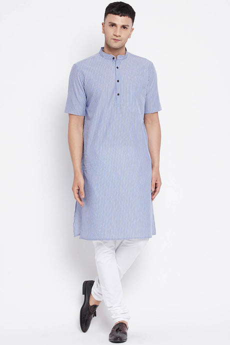 Buy Men's Pure Cotton Stripe Printed Long Kurta in Light Blue