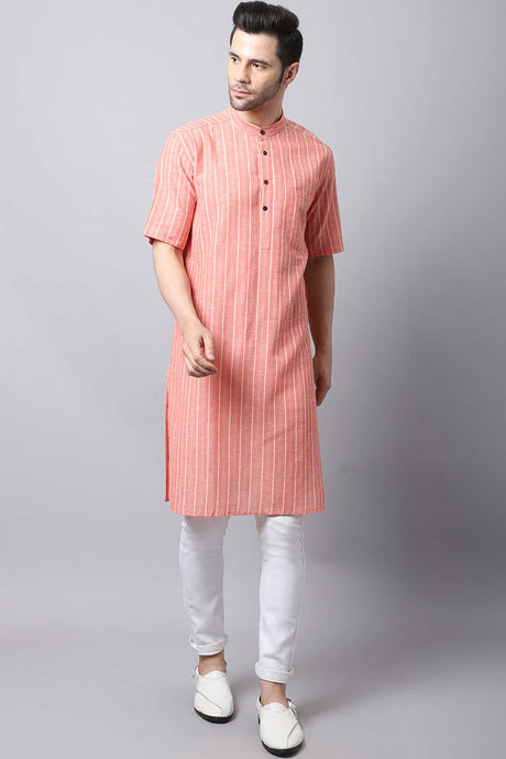 Men's Bright Orange Checks Full Sleeve Long Kurta Top