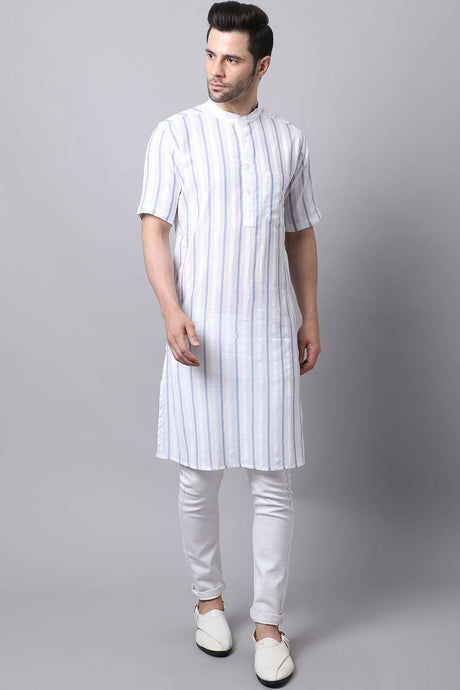 Men's Light White Stripe Full Sleeve Long Kurta Top