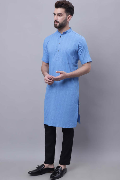 Buy Men's Blue Cotton Striped Long Kurta Top Online