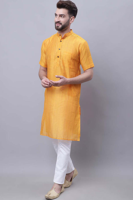 Buy Men's Yellow Cotton Silk Striped Long Kurta Top Online - Back