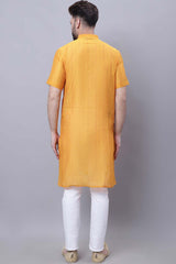 Buy Men's Yellow Cotton Silk Striped Long Kurta Top Online - Front