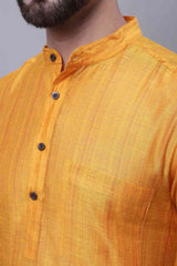 Buy Men's Yellow Cotton Silk Striped Long Kurta Top Online - Side