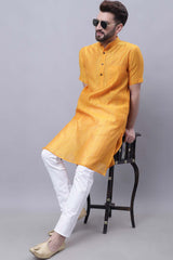 Buy Men's Yellow Cotton Silk Striped Long Kurta Top Online - Zoom In