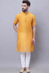 Buy Men's Yellow Cotton Silk Striped Long Kurta Top Online - Zoom Out