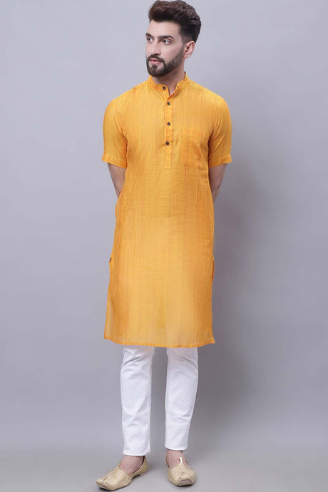 Buy Men's Yellow Cotton Silk Striped Long Kurta Top Online