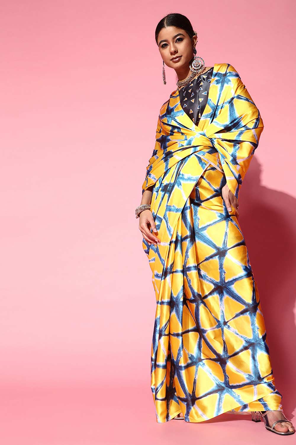 Yellow Crepe Tie Dye Print Saree