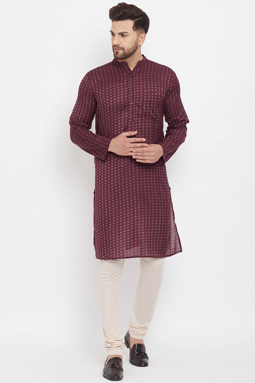 Buy Men's Rayon Printed Kurta in Maroon - Back