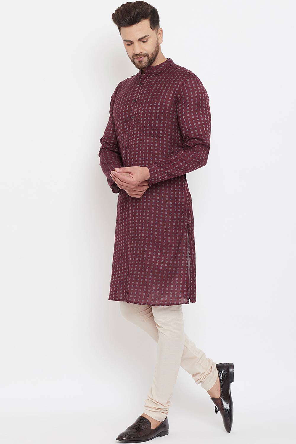 Buy Men's Rayon Printed Kurta in Maroon - Front