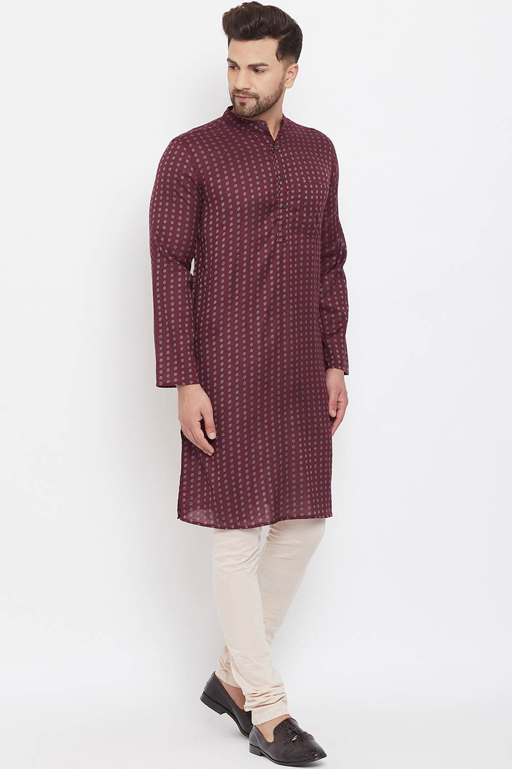 Buy Men's Rayon Printed Kurta in Maroon - Side