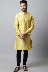 Men's Light Yellow Solid Full Sleeve Long Kurta Top