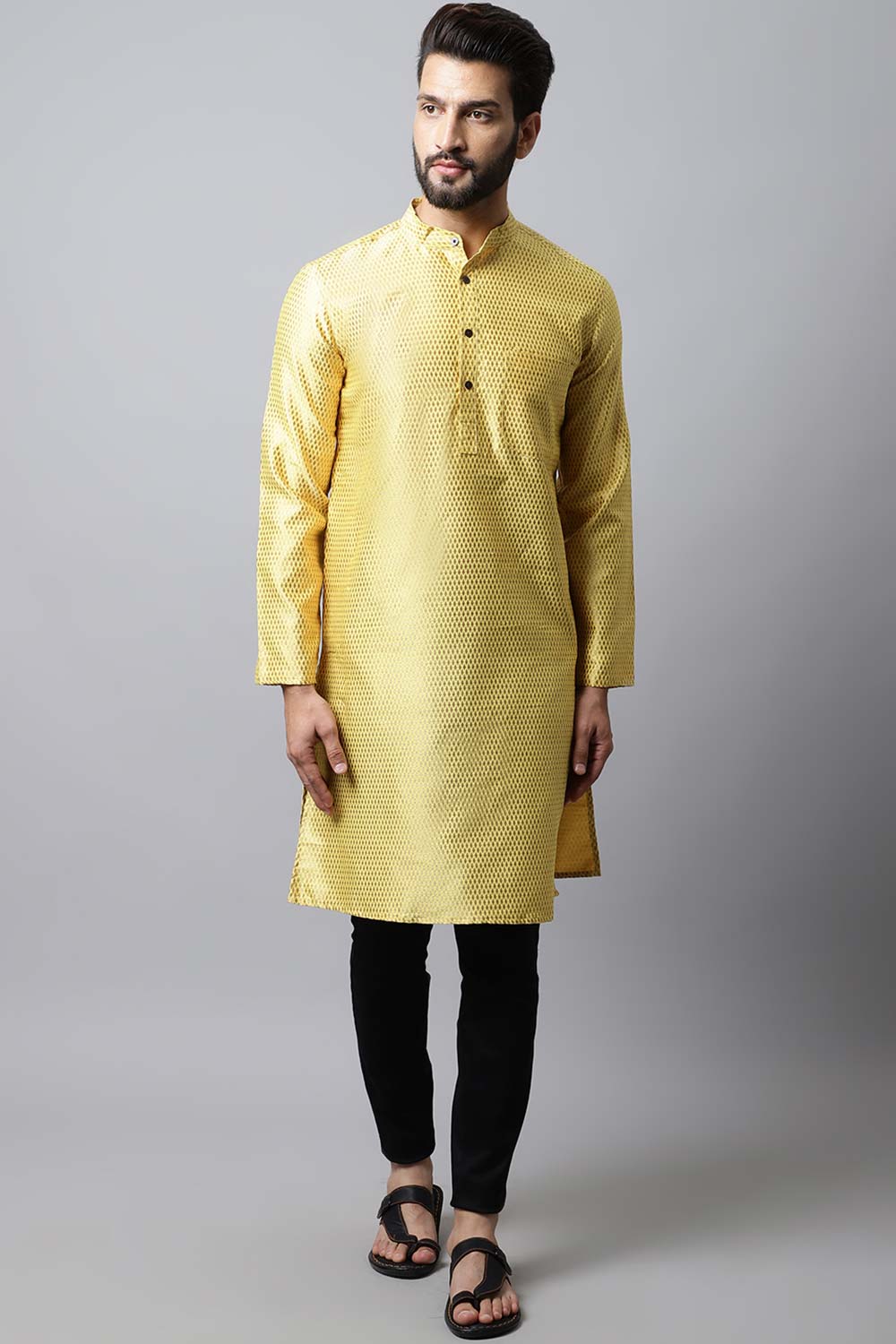 Men's Light Yellow Solid Full Sleeve Long Kurta Top