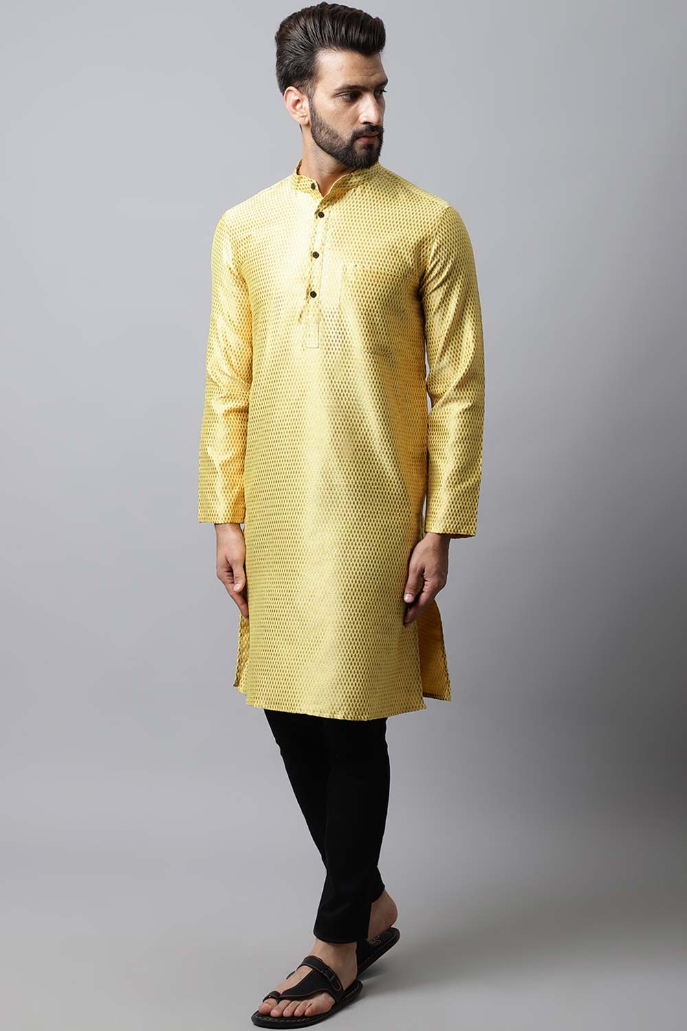 Men's Light Yellow Solid Full Sleeve Long Kurta Top