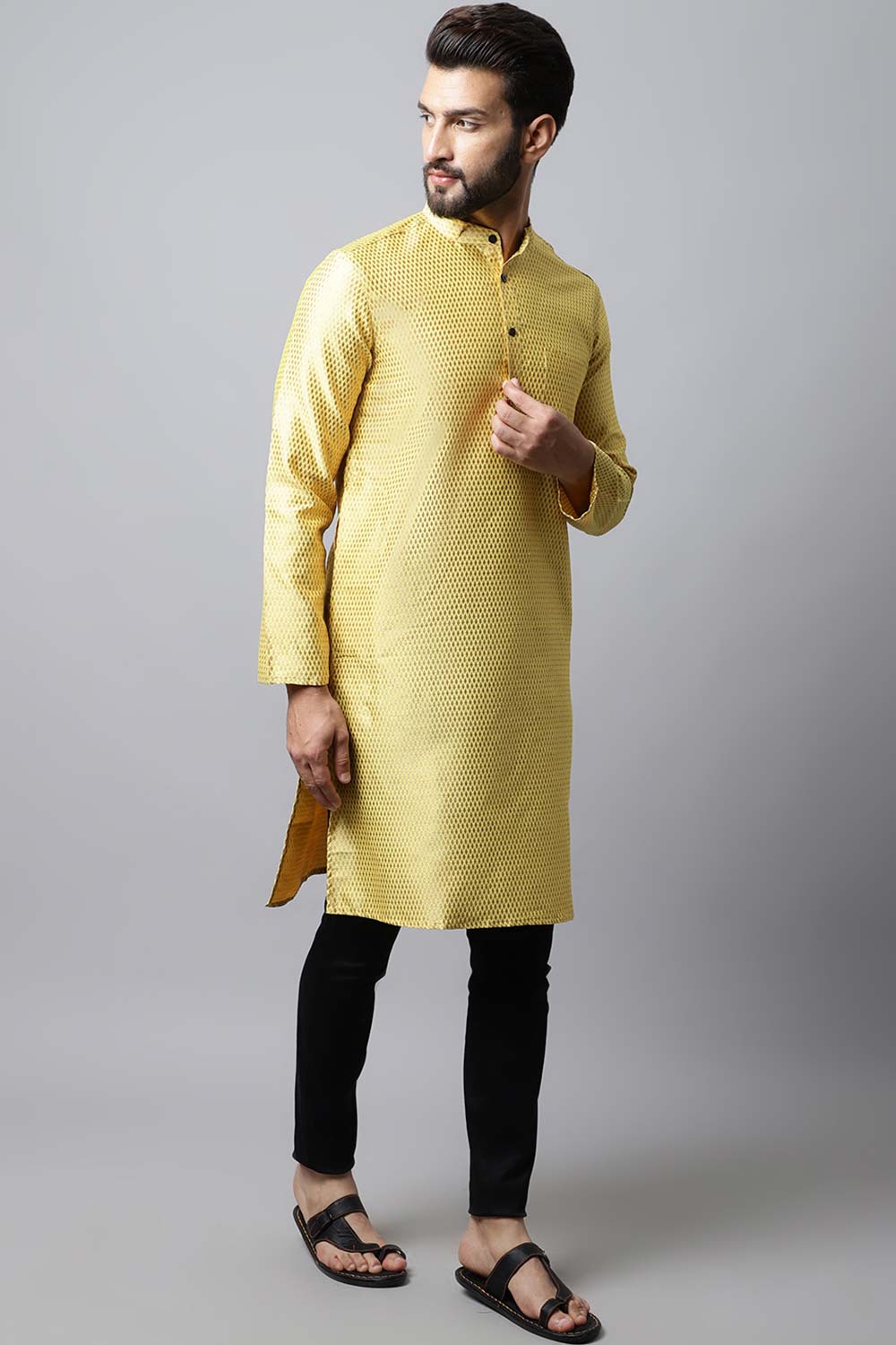 Men's Light Yellow Solid Full Sleeve Long Kurta Top