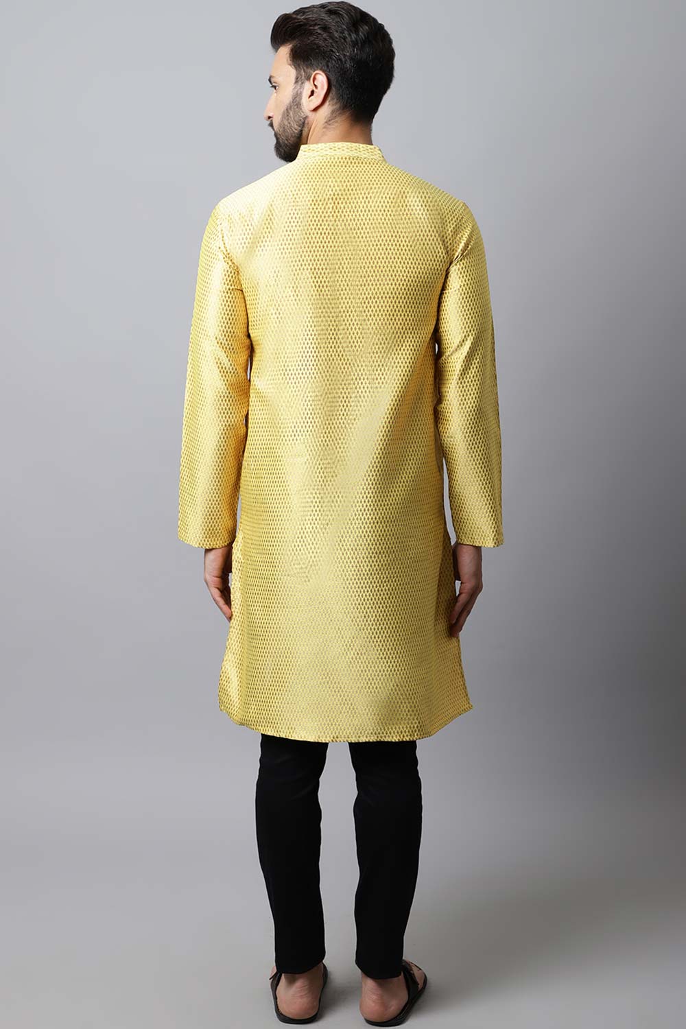 Men's Light Yellow Solid Full Sleeve Long Kurta Top