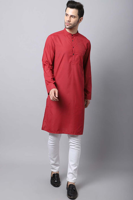 Men's Dark Maroon Solid Full Sleeve Long Kurta Top