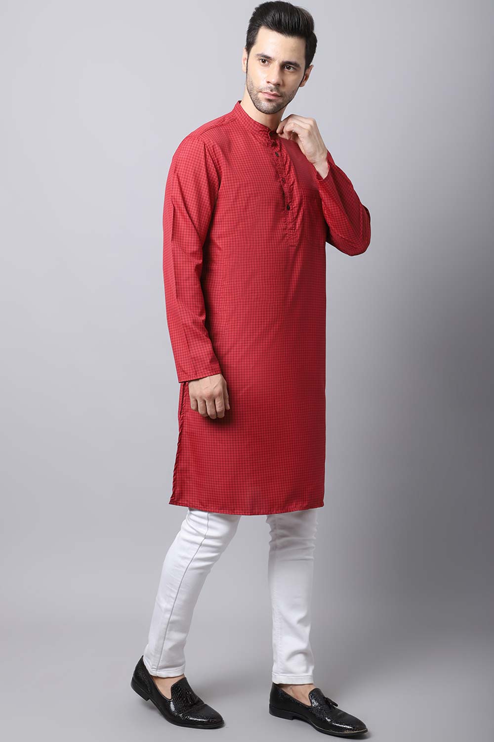 Men's Dark Maroon Solid Full Sleeve Long Kurta Top