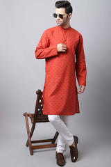 Men's Light Red Self-Design Full Sleeve Long Kurta Top
