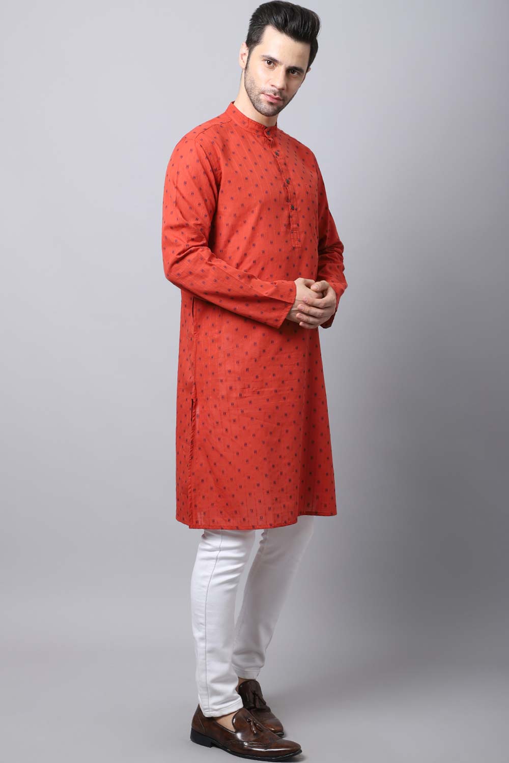 Men's Light Red Self-Design Full Sleeve Long Kurta Top