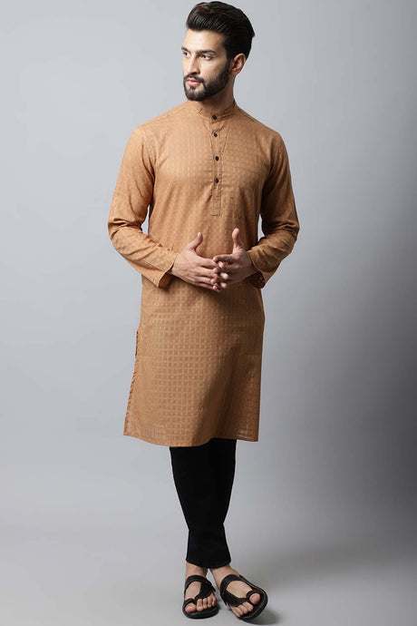 Men's Dark Brown Solid Full Sleeve Short Kurta Top