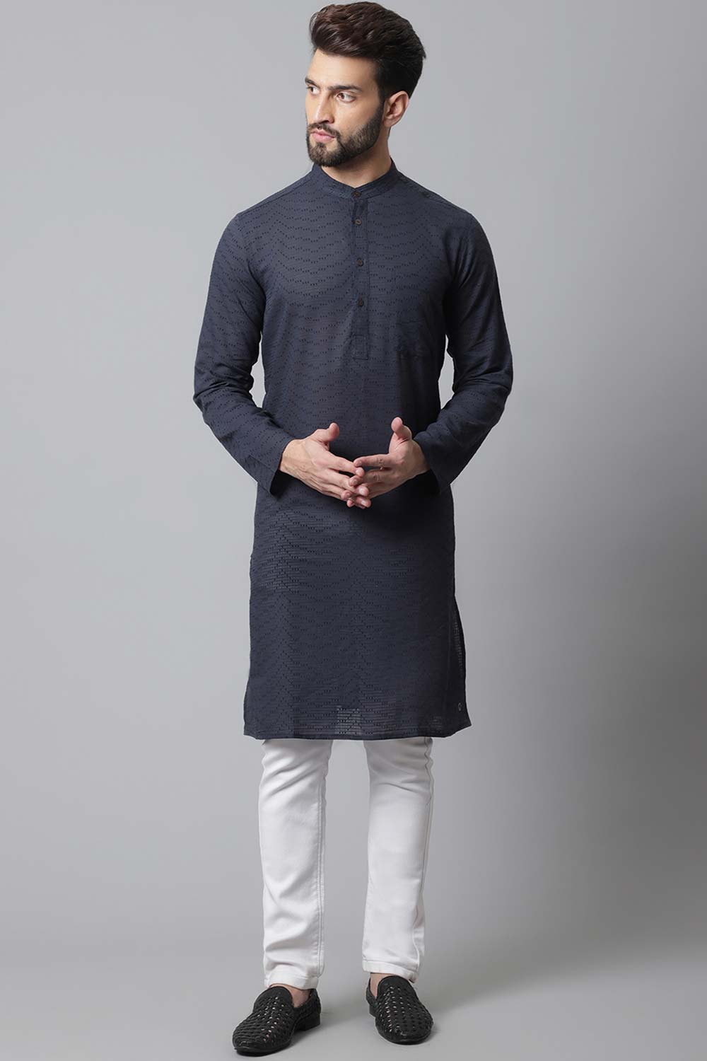 Buy Men's Blue Cotton Checks Long Kurta Online - KARMAPLACE