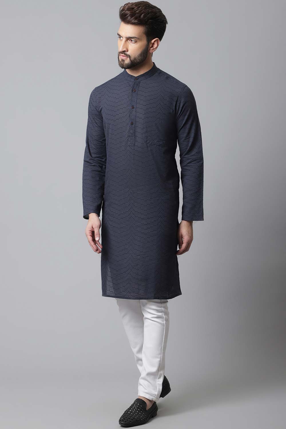 Buy Men's Blue Cotton Checks Long Kurta Online - KARMAPLACE