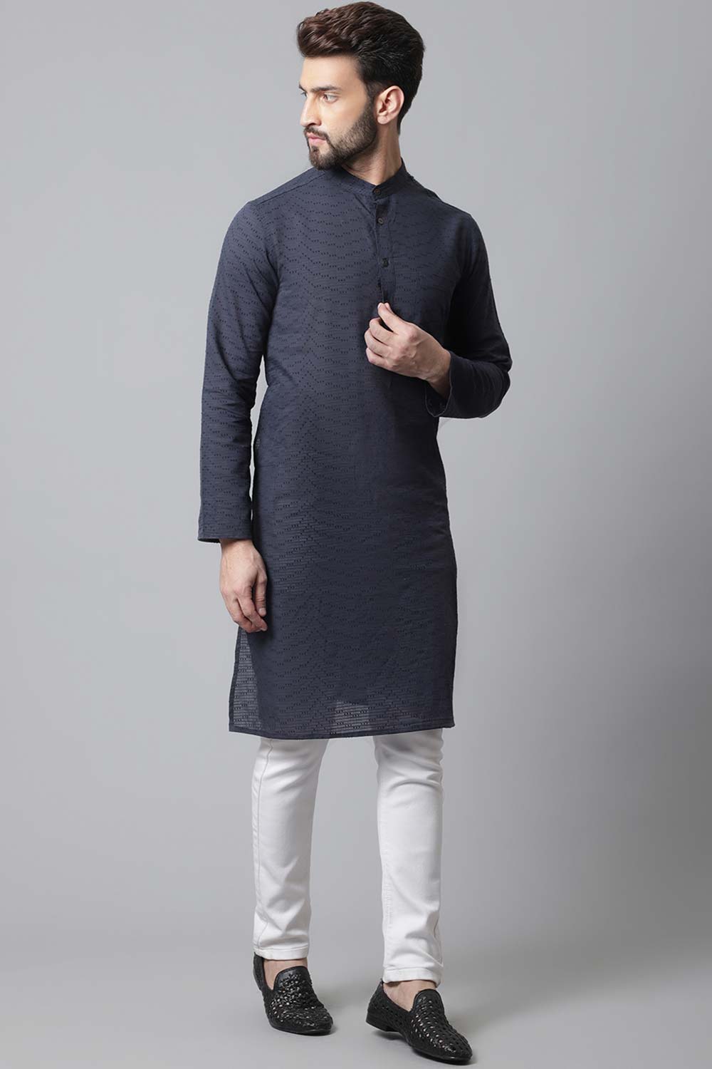 Buy Men's Blue Cotton Checks Long Kurta Online - KARMAPLACE