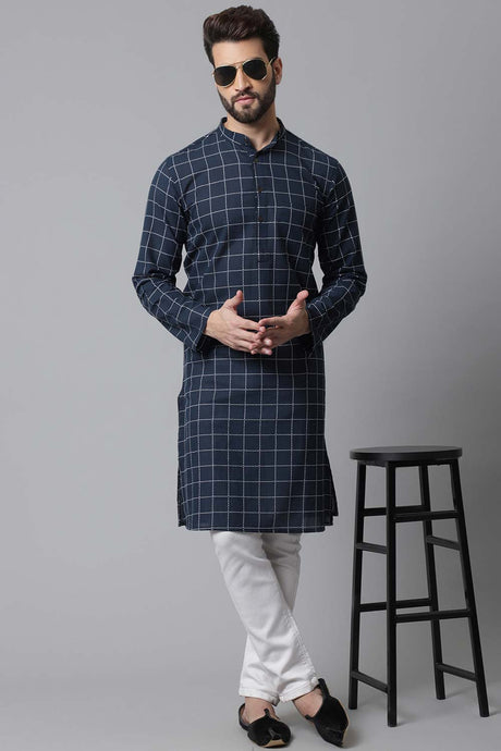 Buy Men's Blue Cotton Checks Long Kurta Online - KARMAPLACE